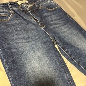 Blue Straight Leg Denim Jeans with Distressed Details